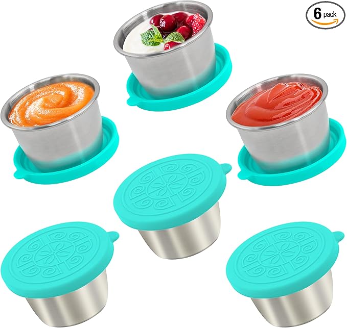 6x2.7 Oz Salad Dressing Container to Go,Handy Leakproof Stainless Steel Meal Prep Containers Reusable,Sauce Containers for Lunch Box, Picnics, Travel, Office and Kitchen Storage