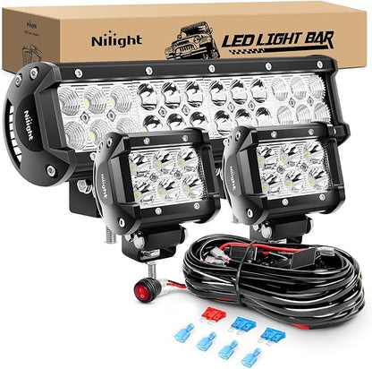 Nilight 12 Inch 72W Spot Flood Combo Led Light Bar 2Pcs 4Inch 18W Flood LED Pods Fog Lights Off Road with Wiring Harness Kit-3 Leads for Van Camper Car Pickup Golf Cart ATV UTV SUV Truck Boat 4x4