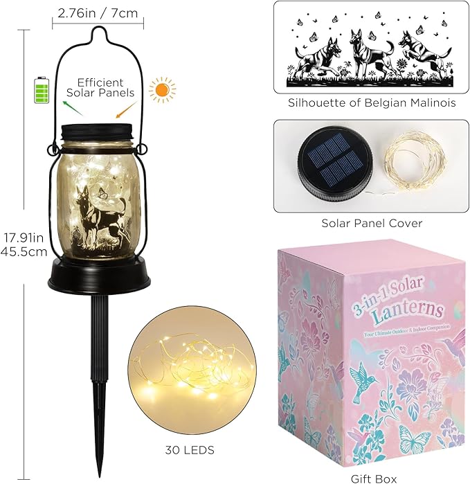 Belgian Malinois Dog Gifts for Women/Men Belgian Malinois Solar Lanterns Birthday Dog Lovers Lantern Pet loss Dog Memorial Lights Solar Garden Decoration for Yard, Patio,Backyard,Porch Torches Light