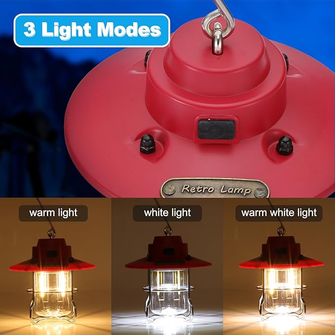 PATIKIL LED Camping Lantern, 2 Pack Vintage Rechargeable Lantern 3 Light Modes Portable Hanging Outdoor Tent Light for Camping, Hiking, Fishing, Red 3.66 Inch