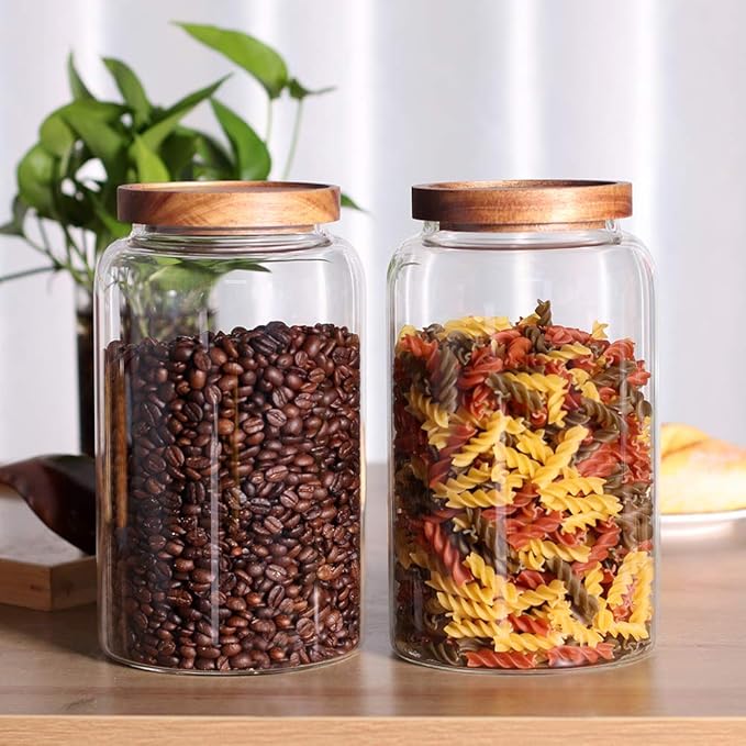 Large Glass Jar with Airtight Lid Set of 2 93 FL OZ(2750ml) glass canister set, Glass Food Containers Wooden Lid Suit for Kitchen Pantry for Flour, Tea, Coffee Beans, Sugar, Cookies(8.8 inch high)
