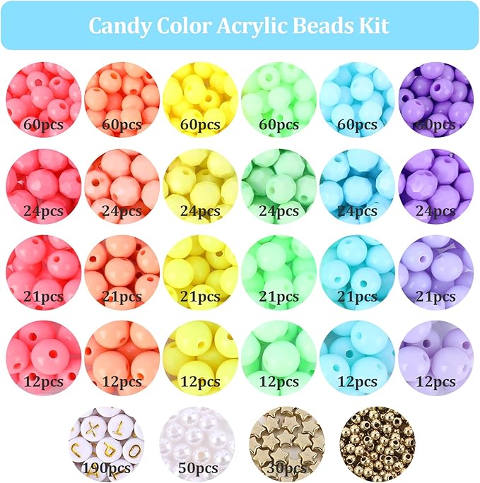 Candy Color Acrylic Beads Kit Pastel Round Beads Assorted Plastic Bead Kit Letter Pearl Colorful Elastic String CCB Cute Loose Spacer Bulk for Bracelets Necklace Jewelry Making DIY Crafts