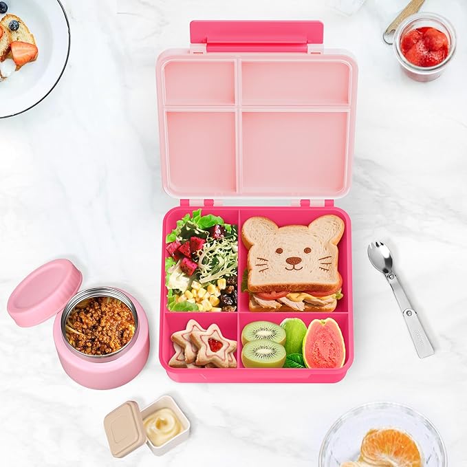 Kids Bento Lunch Box with 8oz Soup Thermo, Kids Leakproof Lunch Food Containers with 4 Compartment,Insulated Hot Food Jar with Lunch Bag for School, Travel (Pink-No lunch bag)