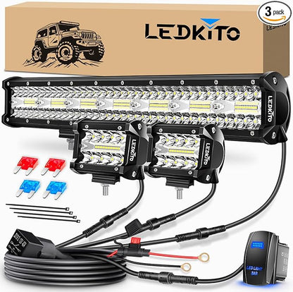 20Inch LED Light Bar and 4Inch LED Cube Pods Lights Kit with Wiring Harness Rocker Switch Spot Flood Combo Triple Row Off Road Driving Work Lights Bar for Pickup SUV UTV ATV Truck Tractor Boat