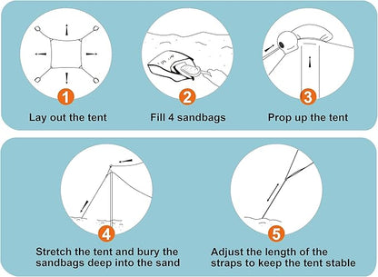 10×10ft UPF50+ Beach Tent Sun Shelter, Windproof Stable Outdoor Pop Up Beach Shade Canopy for Camping, Fishing, Backyard Fun or Picnics, 4 Poles