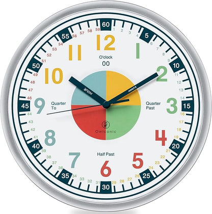 OWLCONIC Non Ticking Analog Clock for Kids Learning to Tell Time, Teaching Clock for Kids Wall, Clocks for Classroom, Homeschool Decor, Bedrooms, Silent, Homeschooling Resource.