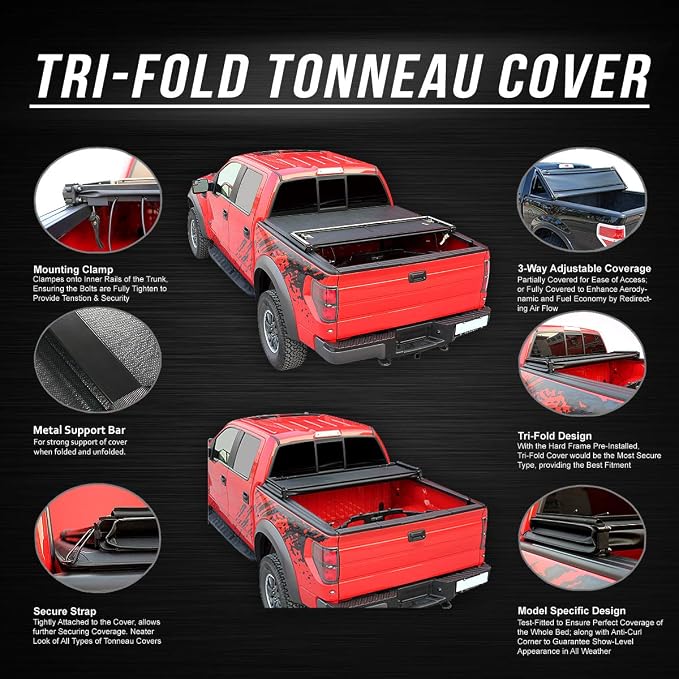 DNA Motoring Truck Bed Soft Tri-Fold Adjustable Tonneau Cover Compatible with 95-04 Tacoma 6Ft Styleside Bed, TTC-TRISOFT-051