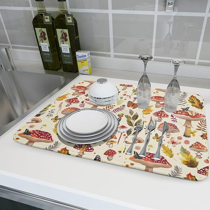 Magic Mushroom Dish Drying Mats Botanical Decorative Absorbent Drying Pad