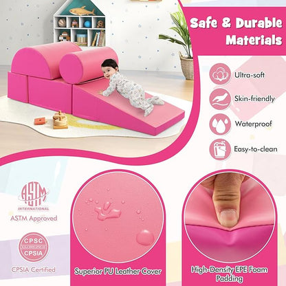 HONEY JOY 5-Piece Climb and Crawl Playset, Soft Climbing Foam Block Activity Play Structure Gym Equipment for Infant Baby, Color Coordination, Waterproof Indoor Climbing Toys for Toddlers (Pink)