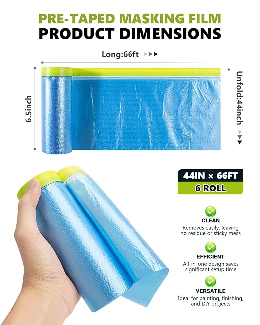 Pre-Taped Masking Film for Painting(6 Roll) - 44" x 66'Painters Plastic Sheeting with Tape and Drape, Painters Drop Cloth for Automotive & Home, Cover for Walls/Floors/Windows/Cars Protection