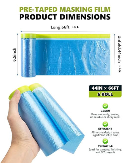Pre-Taped Masking Film for Painting(6 Roll) - 44" x 66'Painters Plastic Sheeting with Tape and Drape, Painters Drop Cloth for Automotive & Home, Cover for Walls/Floors/Windows/Cars Protection