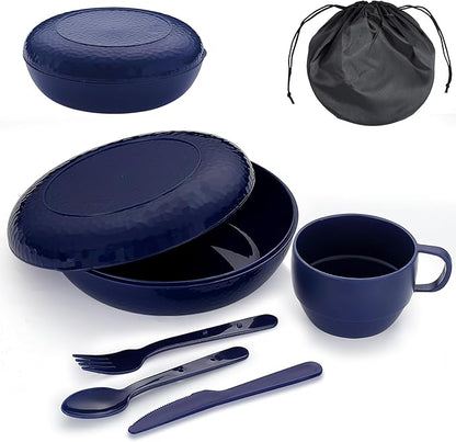 Evanda Camping Mess Kit with Bowl, Plate, Cup, Spoon, Fork, Knife and Carry Bag, Reusable Camping Accessories Essentials Gear Light Weight and Small Space Easy to Carry or Put in Backpack