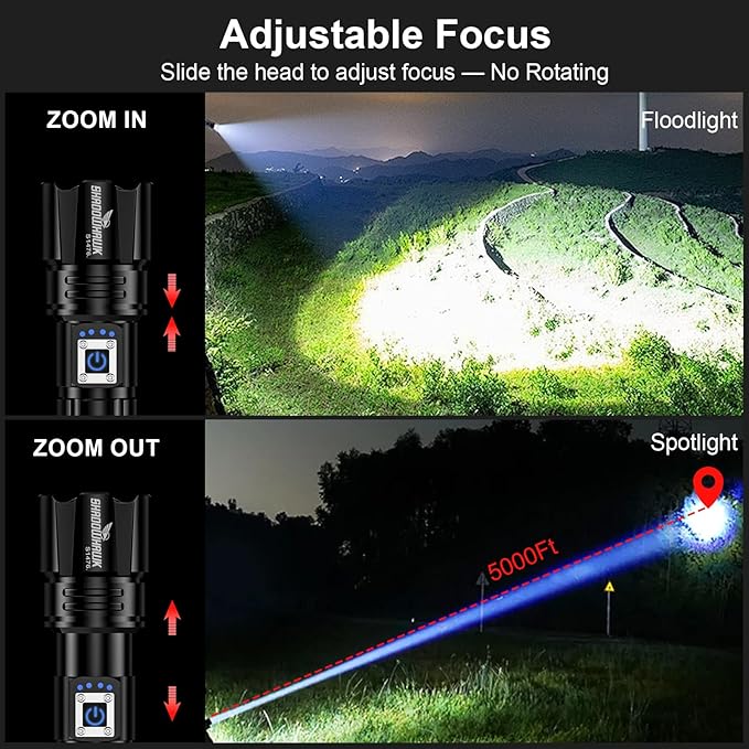 Flashlight 2000 High Lumens Rechargeable - 30W Super Bright LED Flash Light | 5000ft Beam & 12H Long Lasting USB C High Powered Handheld Police Flashlight for Home, Camping, Hiking, Emergency