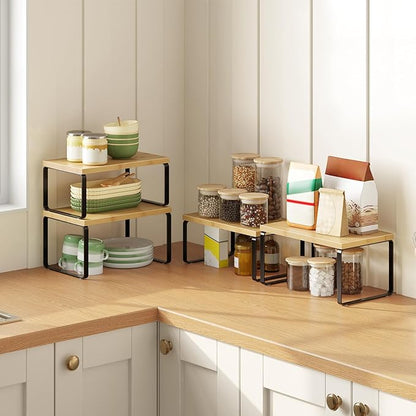 HOOBRO Cabinet Organizer Shelf, Expandable Kitchen Storage, Stackable Bamboo