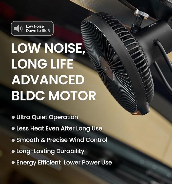 Claymore V1040 Black Rechargeable Portable Fan ??10,400mAh Power Bank Function Remote Control 4-Speed Quiet BLDC Air Circulator USB-C Charging 23 Hrs Runtime for Camping, Indoor, Outdoor