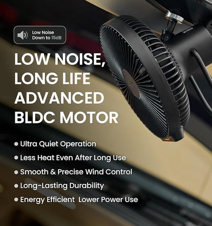 Claymore V1040 Black Rechargeable Portable Fan ??10,400mAh Power Bank Function Remote Control 4-Speed Quiet BLDC Air Circulator USB-C Charging 23 Hrs Runtime for Camping, Indoor, Outdoor