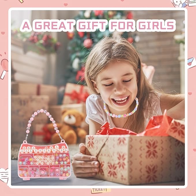 Saimiy 220+ Jewelry Making Kit Gifts for Kids,Pink Handbag Bead Box for Bracelet Making Kit for Girls,6-Year-Old Girl Birthday Gift,Jewelry Crafts for Kids Ages 3+