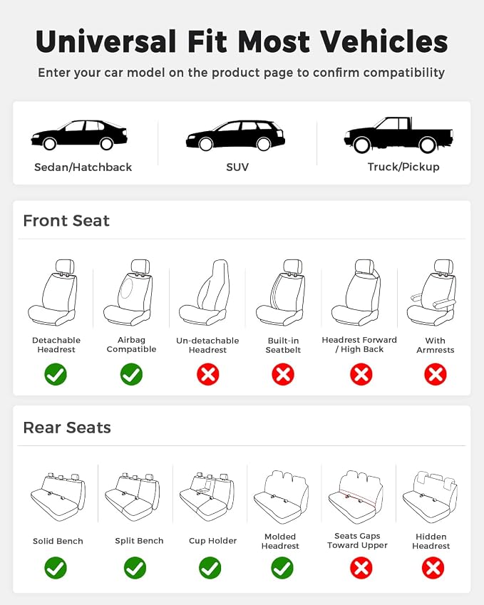 Huidasource Car Seat Covers Full Set, Universal Fit for Most Cars SUV Trucks, Full Coverage Nappa Leather Seat Cover, Airbag, Cupholder Compatible, Velcro Adjustable, Seat Function Retain, Gray