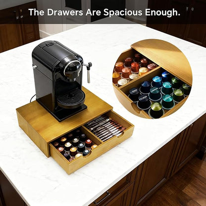 Coffee Pod 15" X 11" X 3" Natural Wood Countertop Organizer Drawer, Counter Top