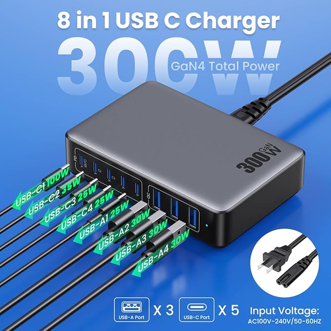 USB C Charger 300W USB C Charger Block, 8-Ports GaN IV Fast Charging Station Hub