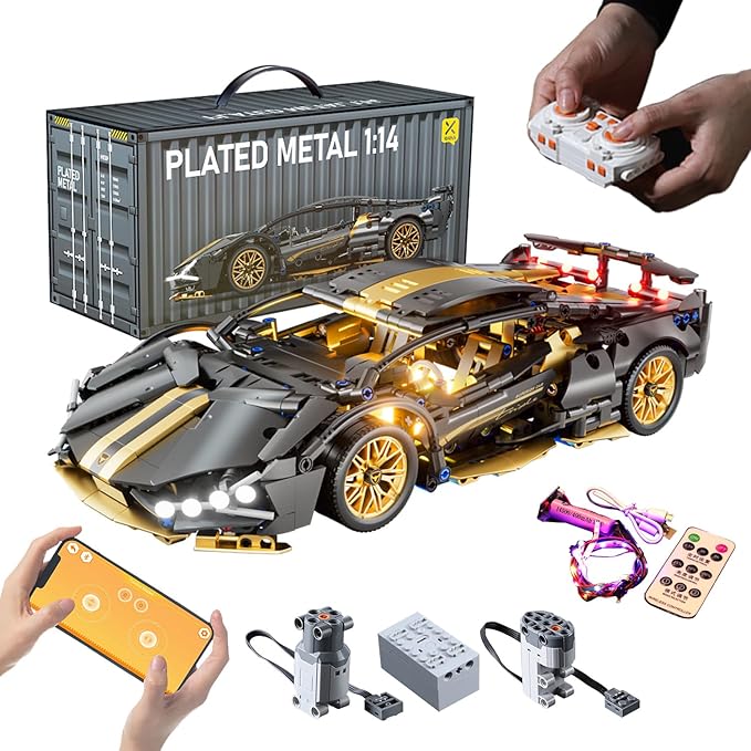 Sport Race Car Building Block Sets for Adults Boys,1:14 Technical Remote Control APP Supercar Toys Kits with LED Lights Collectible MOC Contruction for Teens Age 8-12 12-16,14+