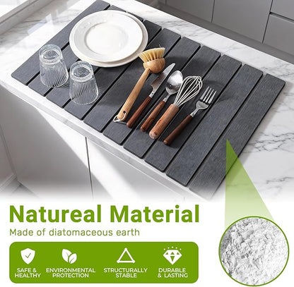 Large Stone Dish Drying Mat for Kitchen Counter, Foldable Diatomaceous Earth