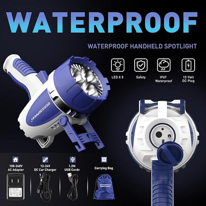 GOODSMANN Rechargeable Spotlight Flashlight LED Handheld Spot Lights Outdoor Portable IP67 Waterproof Searchlights Marine Spot Lights up to 3000 Lumen for Hiking, Boating, Hunting