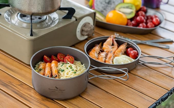 Boundless Voyage Outdoor Titanium Pot with Pan Set with Collapsible Folding Handle for Outdoor Camping Cooking Hiking Backpacking Portable Cookware