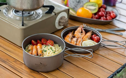 Boundless Voyage Outdoor Titanium Pot with Pan Set with Collapsible Folding Handle for Outdoor Camping Cooking Hiking Backpacking Portable Cookware