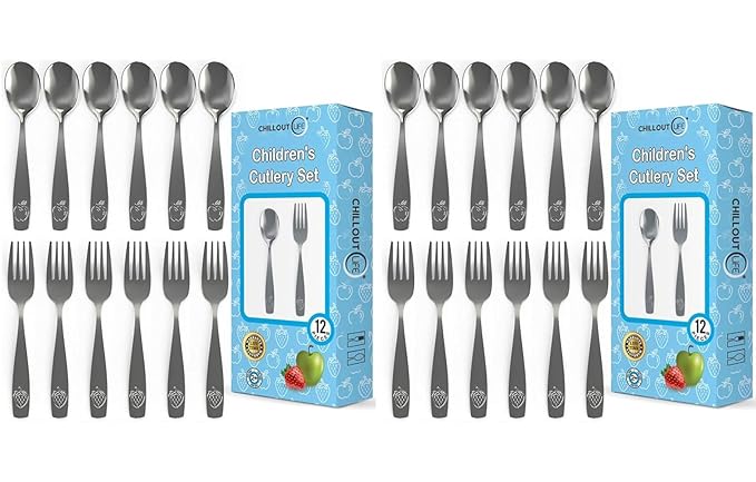 CHILLOUT LIFE Stainless Steel Kids Silverware Set 24 Pieces (2 Pack of 12) - Child and Toddler Safe Flatware - Kids Utensil Set - Metal Kids Cutlery Set (Includes 12 Small Kids Spoons & Kids 12 Forks)
