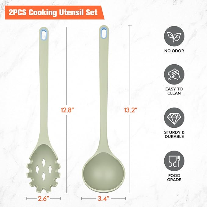 Silicone Spaghetti Spoon&Soup Ladle Cooking Utensils Set of 2, No Scratch