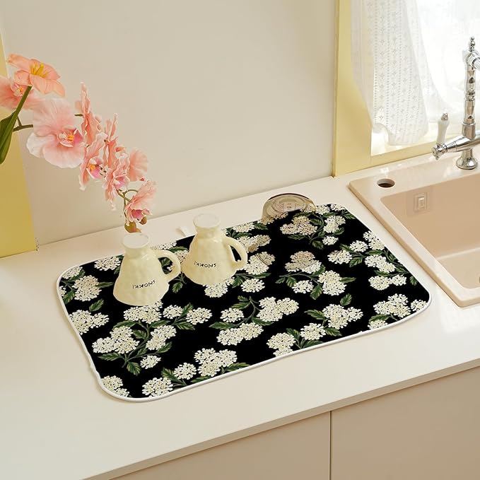 Black Dish Drying Mat 18x24 Inch Green Vintage Floral Hydrangea Flower Drying