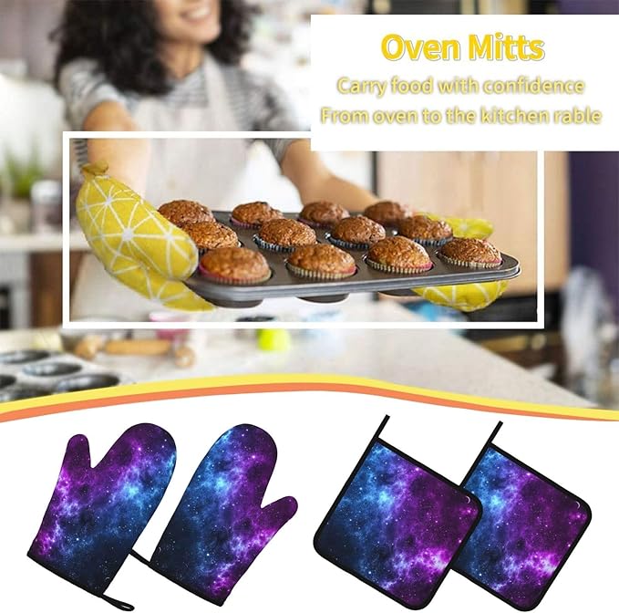 Cool Blue Purple Galaxy Oven Mitts and Pot Holders Sets of 4, Heat Resistant