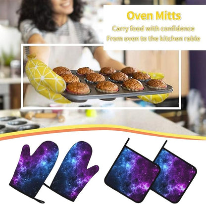 Cool Blue Purple Galaxy Oven Mitts and Pot Holders Sets of 4, Heat Resistant