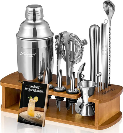 KITESSENSU Cocktail Shaker Set Bartender Kit with Stand | Bar Set Drink Mixer Set with All Essential Accessory Tools: Martini Shaker, Jigger, Strainer, Mixer Spoon, Muddler, Liquor Pourers |Silver