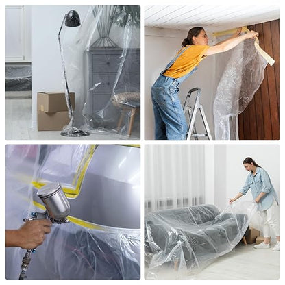 HARFINGTON 3 Rolls Pre-Taped Masking Film 43.3" x65.6ft Double Adhesive Tape and Drape Painters Plastic Drop Cloth Film with Tape Plastic Sheeting for Automotive Painting Covering