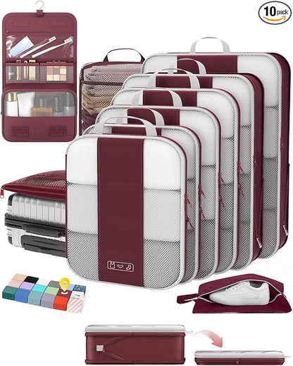 OlarHike 10-Pack Compression Packing Cubes for Travel Essentials,Compressible Expandable Packing Cubes for Suitcase,Luggage Garment Bags for Travel,Handy Helper for Organizing Clothes(Wine Red)