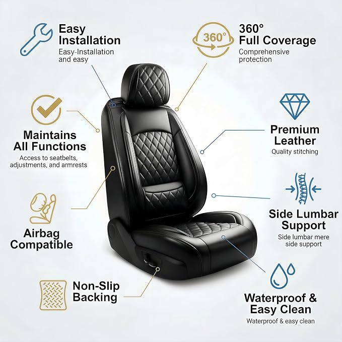 Car Seat Covers Compatible with Hyundai Accent 2017-2025 2026 - Full Set 5 Seats Luxury Leather All-Weather Seat Cushions & Protectors, Waterproof & Breathable, Airbag Compatible (Black)