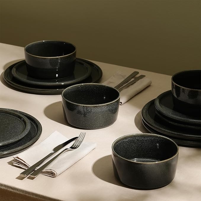 Stone Lain Eden 12-Piece Dinnerware Set Stoneware, Plates and Bowls Set, Dishwasher and Microwave Safe Dish, Dish Set for 4, Charcoal Grey
