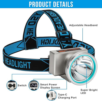 High Beightness LED Headlamp with Display Screen Rechargeable USB-C Waterproof Headlight with Runtime Indicator 4 Lighting Modes Light for Camping, Work, Hunting, Fishing (Mode 503 - White Light)