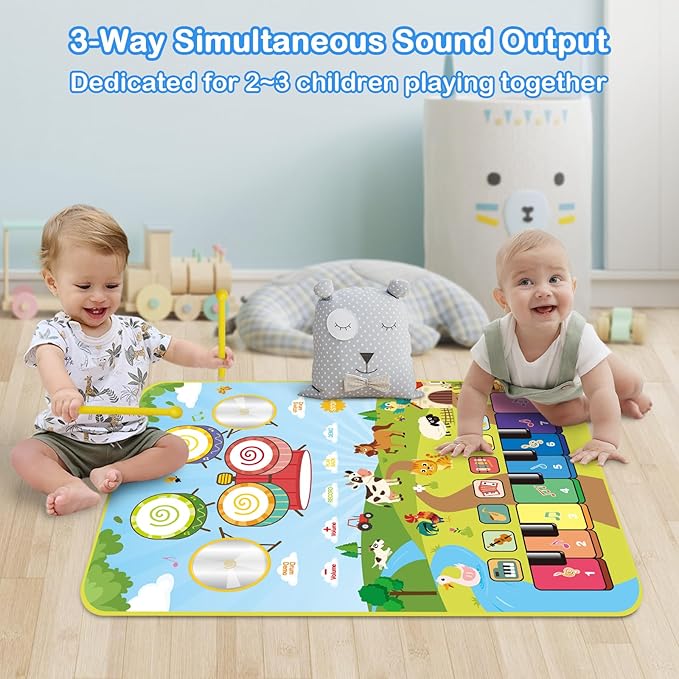 Foki 3-in-1 Musical Mats, Child Floor Piano Drum Animal Music Play Mat Montessori Sensory Early Educational Musical Learning Toys for Baby Girls Boys Birthday Toddlers 1-5 Years Old