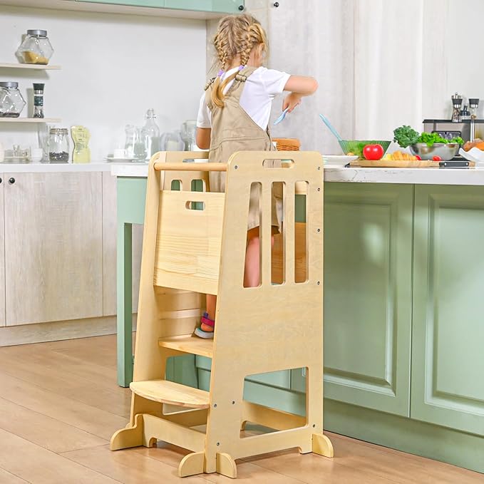 WINGYZ Toddler Kitchen Stool – Adjustable Helper Tower for Kids with Safety Rail, Wooden Standing Step-Up Stool, Sliding Door & Stable Base, Natural Wood