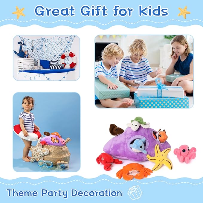 Muiteiur Plush Soft Ocean Animals Set with Plush Sea Shell House Includes Stuffed Turtle, Lobster, Crab, Dolphin, Devil Fish, Octopus, Starfish, Clownfish (Multicolor,8 Piece)