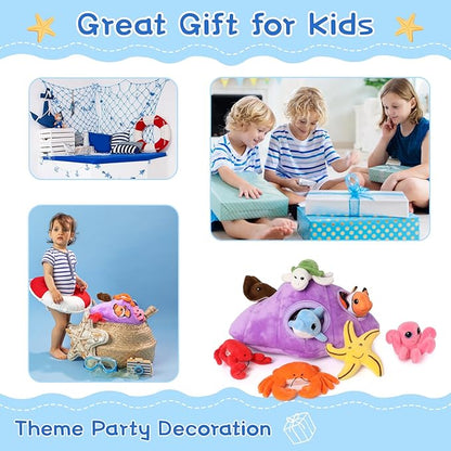 Muiteiur Plush Soft Ocean Animals Set with Plush Sea Shell House Includes Stuffed Turtle, Lobster, Crab, Dolphin, Devil Fish, Octopus, Starfish, Clownfish (Multicolor,8 Piece)