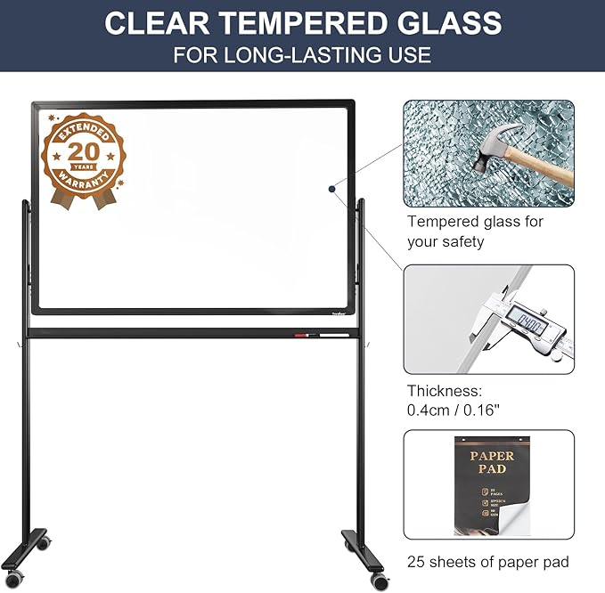 Mobile Clear Glass Whiteboard on Wheels
