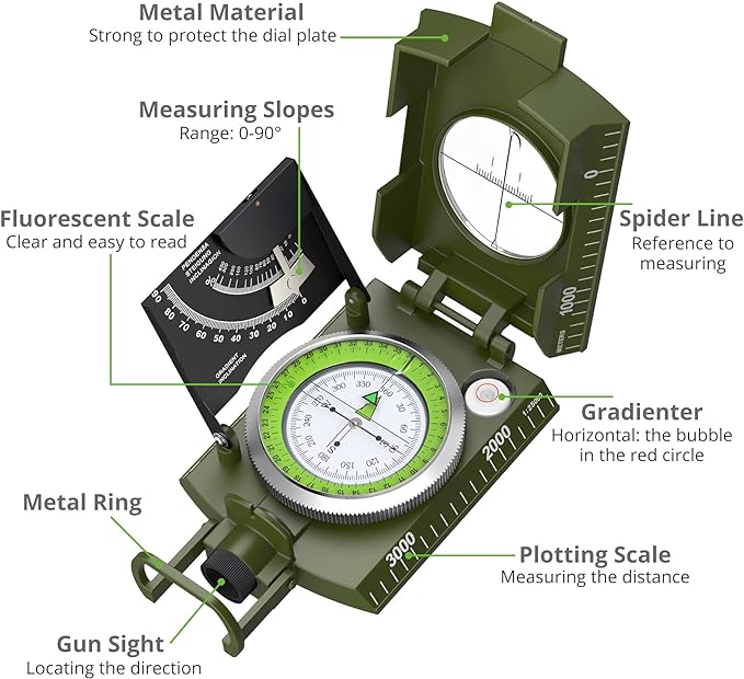 Proster IP65 Compass Hiking Survival - Lensatic Sighting Compass for Camping Navigation, Compass with Clinometer & Carry Bag for Camping Hunting Hiking Geology Activities
