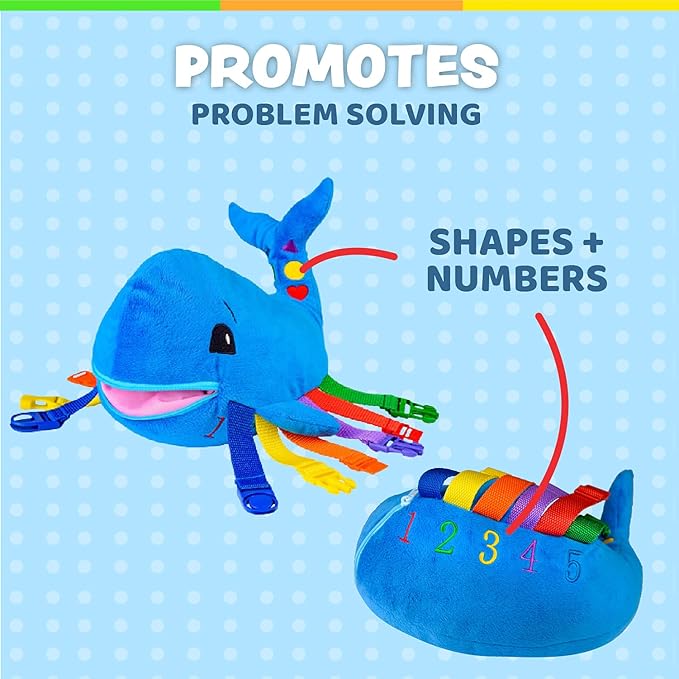Buckle Toys Blu Whale Stuffed Animal Montessori Toys for Toddlers 1-3, Learning Activity Toy & Sensory Toys to Develop Fine Motor Skills and Problem Solving, Classroom and Toddler Travel Essential