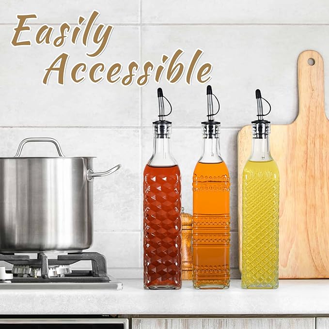 3-Pack Glass Oil Dispensers 500ML/17OZ, Oil and Vinegar Bottles Set