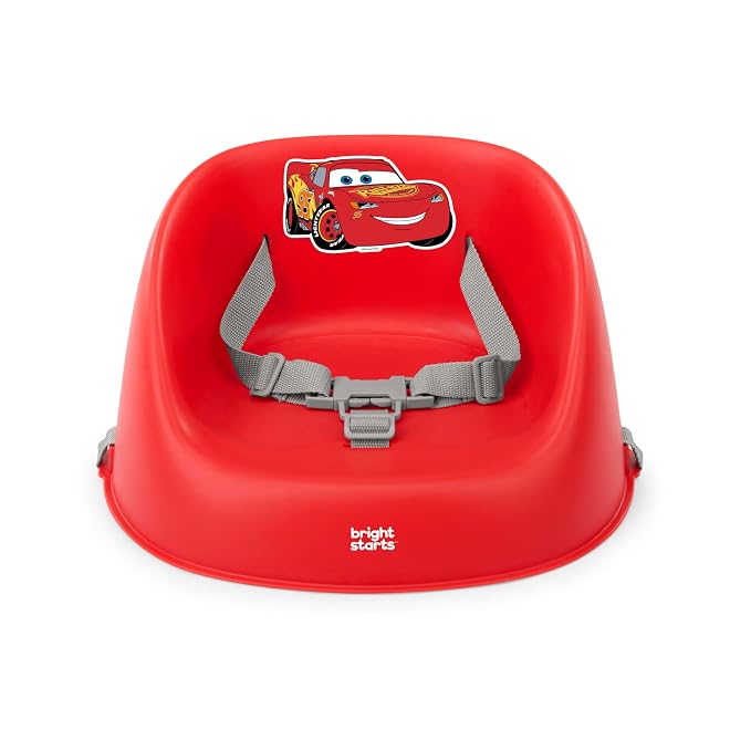 Bright Starts Disney Cars My Spot Easy-Clean Baby Booster Feeding Chair, 3-Point Harness, Washable Removable Straps, Red