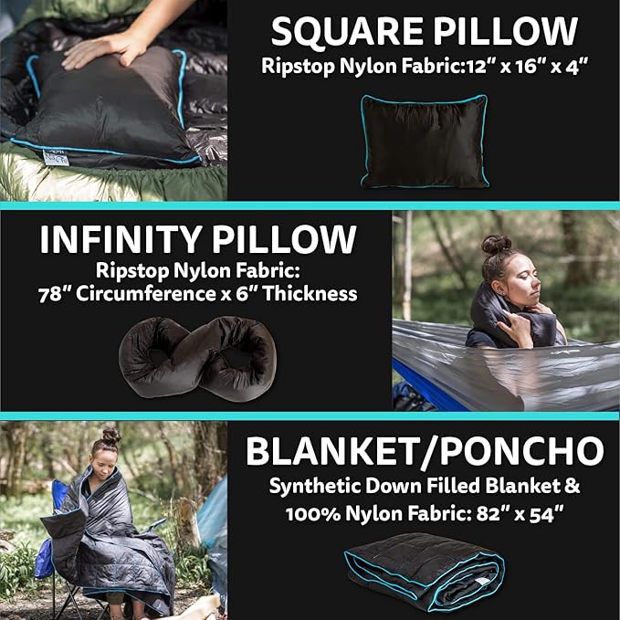 Ripstop Outdoor Camping Pillow and Blanket 3-in-1, Versatile Lightweight Nylon Waterproof Stadium Blanket, Ultralight Backpacking Essentials, Travel Blanket and Pillow Set - Black/Turquoise